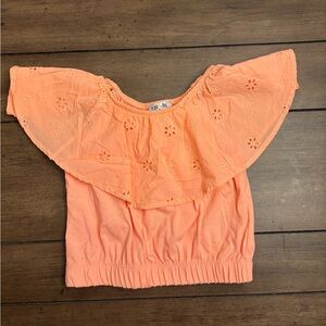 Girls Orange Sleeveless Ruffled Smocked Blouse